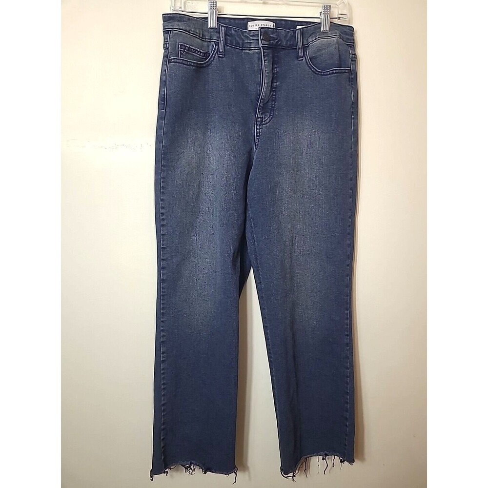 Womens High Rise Crop Jeans Straight Medium Dark Wash Distressed Raw Hem Size 12 - Picture 1 of 12